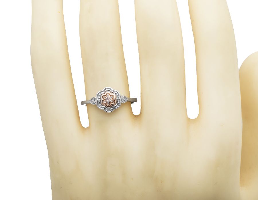 10K Rose Gold and Silver Flower Milgrain Diamond Ring (0.05ct) - Image 2