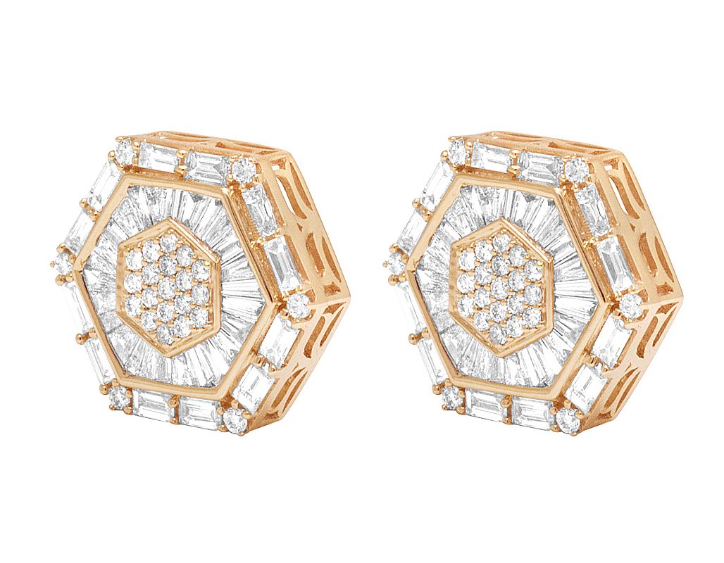 10K Rose Gold Baguette Real Diamond Hexagon Stud Earrings 15MM 2.75 CT - Image 2