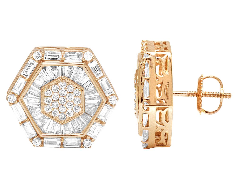 10K Rose Gold Baguette Real Diamond Hexagon Stud Earrings 15MM 2.75 CT - Image 3