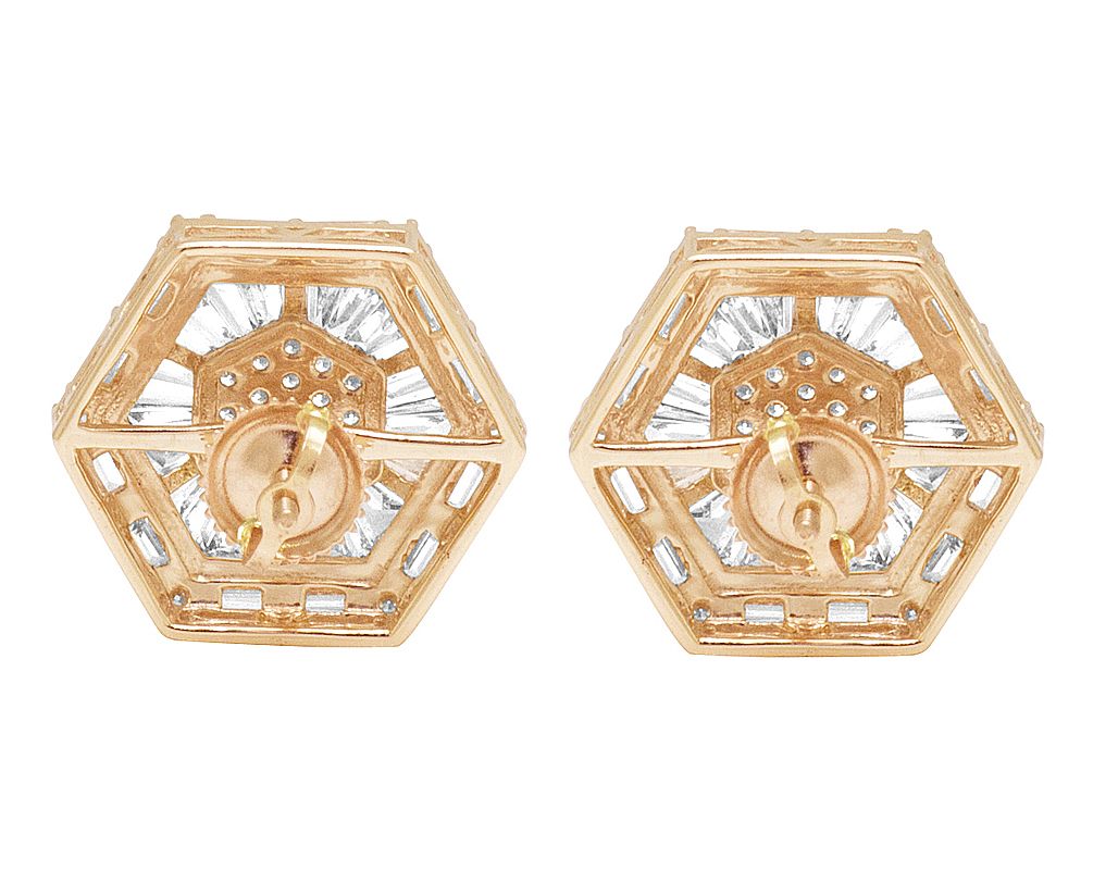 10K Rose Gold Baguette Real Diamond Hexagon Stud Earrings 15MM 2.75 CT - Image 4