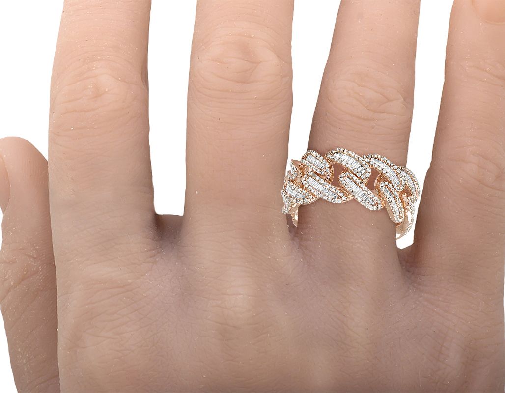 10K Rose Gold men Baguette Diamond Cuban Ring Band 12MM 1.75CT - Image 3