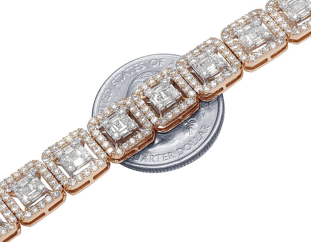 10K Rose/ White Gold 9.5Ct Diamond 10MM Halo Baguette Bracelet 8.5"