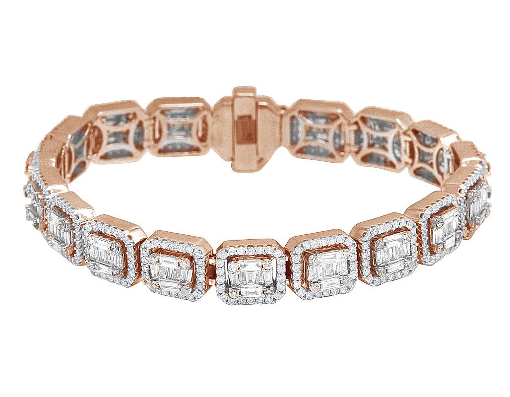 10K Rose-White Gold Graduating Baguette 6.35CT Diamond Halo Bracelet 7.25" 9MM