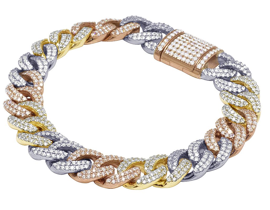 10K Tri-Color Gold Real Diamond Miami Cuban Bracelet 8.6 CT 12MM 8.5"