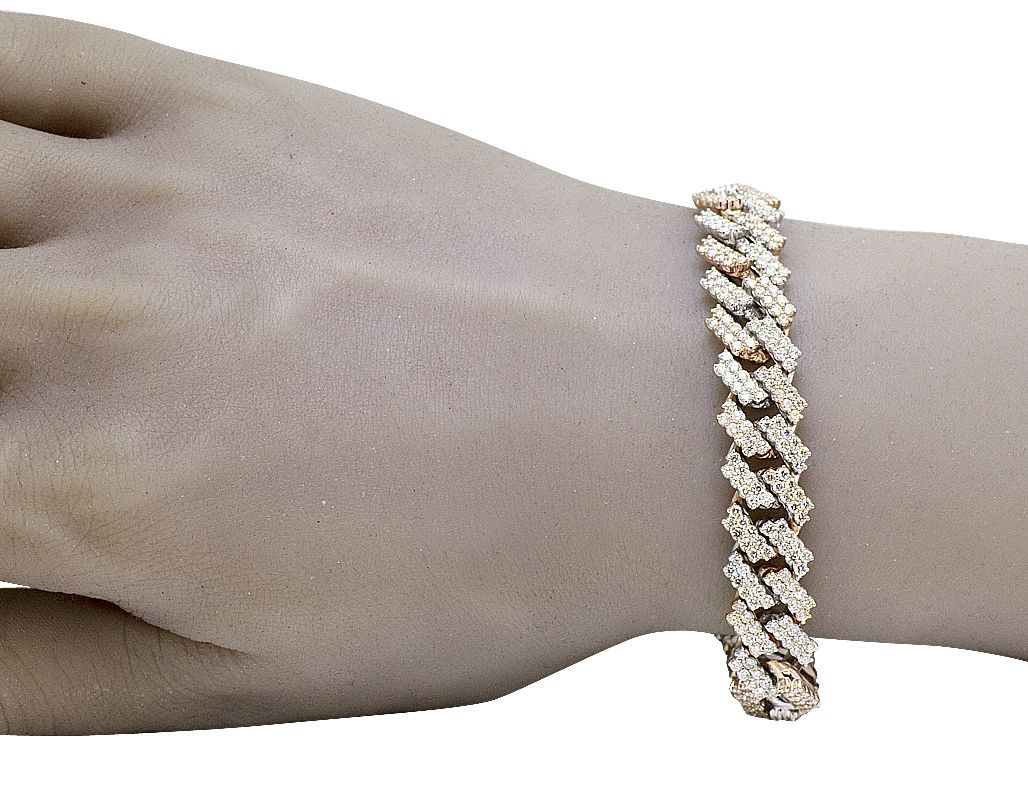 10K Two-Tone White/Rose Gold 2 Row Prong Set Diamond Cuban Bracelet 12MM 8.5" 12.99CT