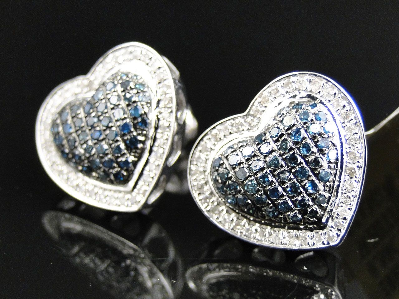 Blue and White Diamond Heart Shape Earring in 10K White Gold - Image 3